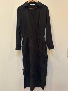 Zara Black Long Sleeve Fringe Wrap Dress